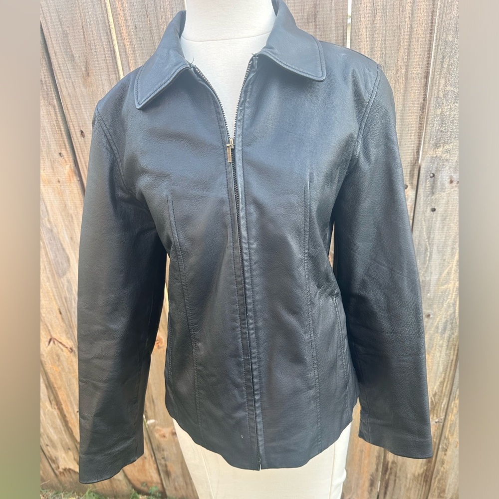 Silver Fox women's black leather full zip lined jacket size S